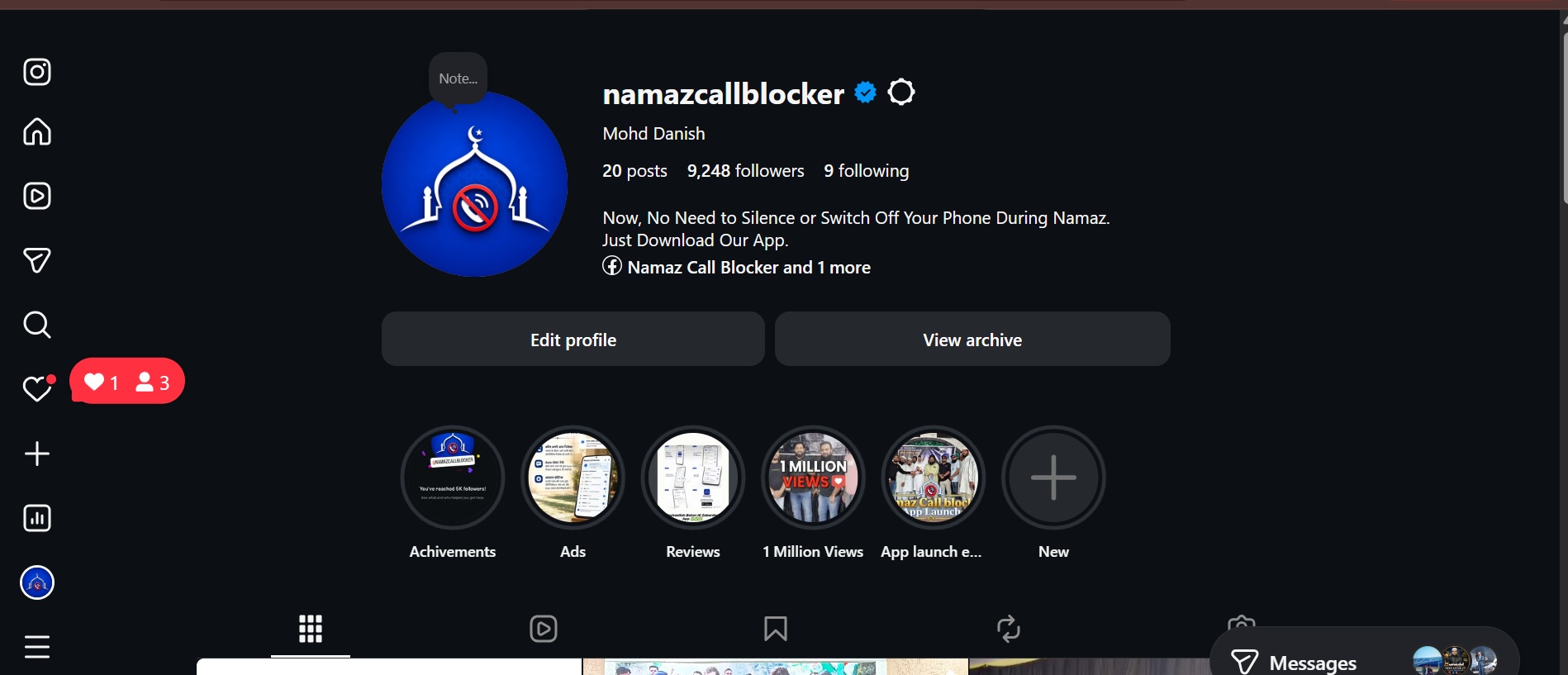 Namaz Call Blocker Instagram page with 9K+ followers
