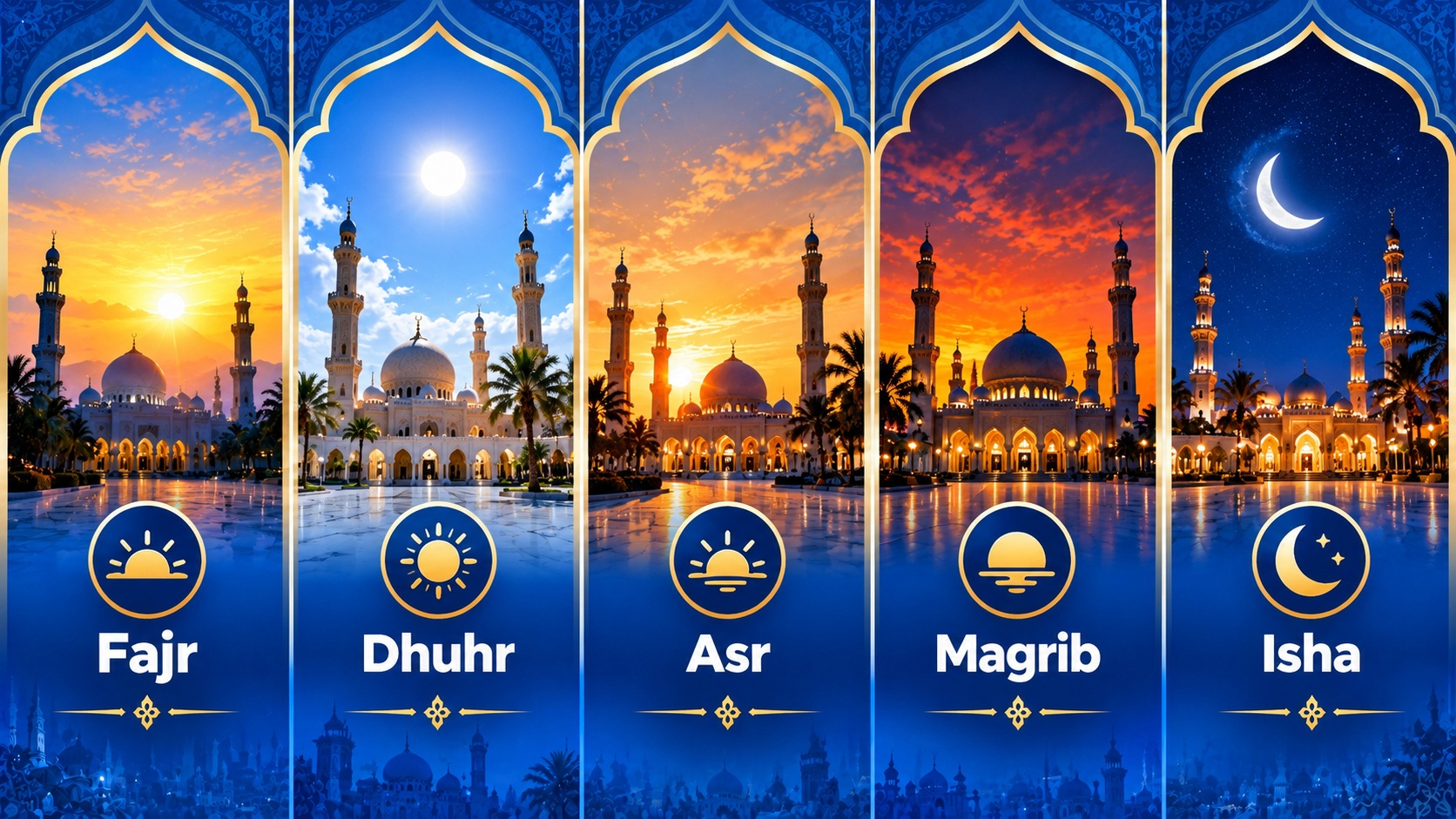 The Five Daily Salah Prayers in Islam: Fajr, Dhuhr, Asr, Maghrib and Isha.