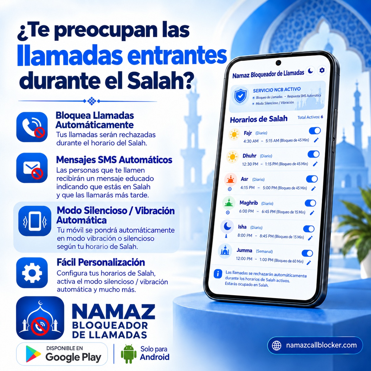 App de Salah – Namaz Call Blocker: bloquea llamadas entrantes automáticamente, SMS automático y modo vibración o silencio durante la oración